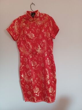 Source Unknown Red Satin Mini Cheongsam with Gold Floral Brocade